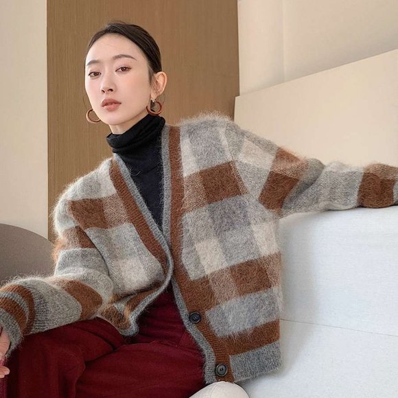 SUSHE V-neck gentle retro plaid knitted mohair cardigan NWT - Picture 1 of 6